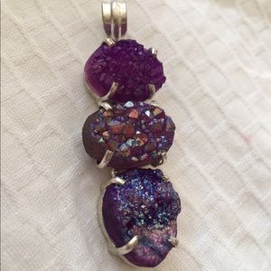 Purple druzy pendant silver for necklace stamped